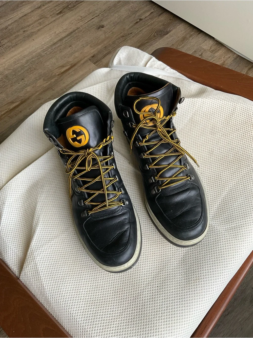 Gucci Black Leather High-Top Boots with Yellow Accents